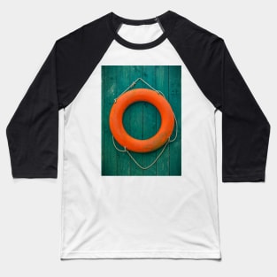 Orange Lifesaver on Green Wooden Wall Baseball T-Shirt